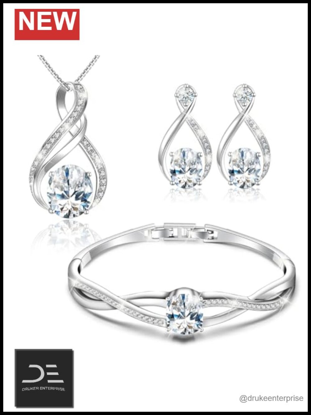 18K White Gold Plated Ruby Crystal Jewelry Set - Bracelet Necklace Earrings
